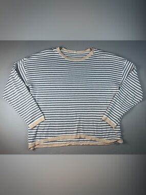 Women’s Striped Crewneck Sweater XL Stripe Contrast Trim Gray & Cream